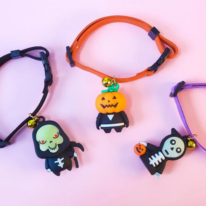 Halloween dog collar with luminous pumpkin man design in adjustable polyester construction