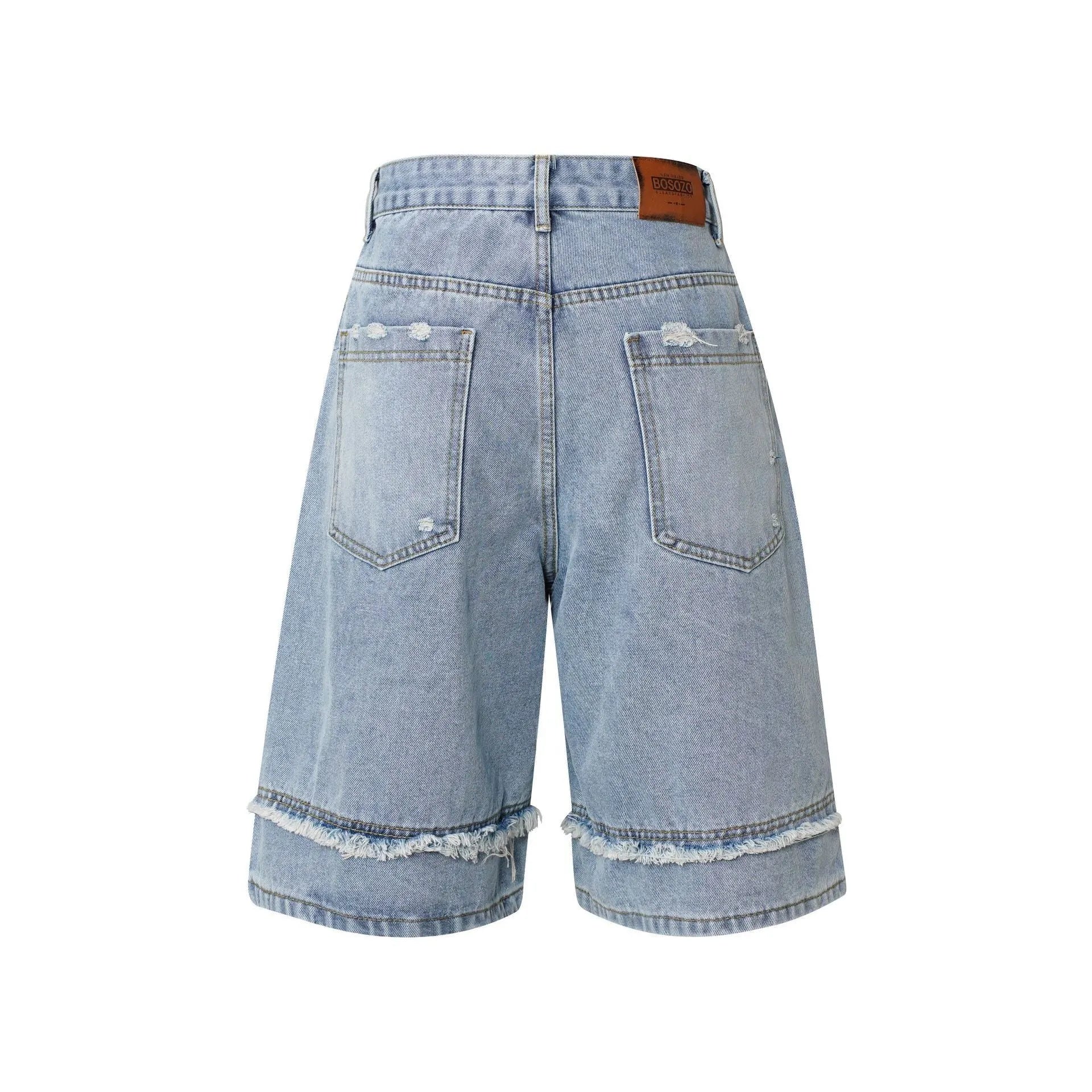 Distressed raw edge denim shorts in straight leg cut available in black, dark blue, and light blue colours