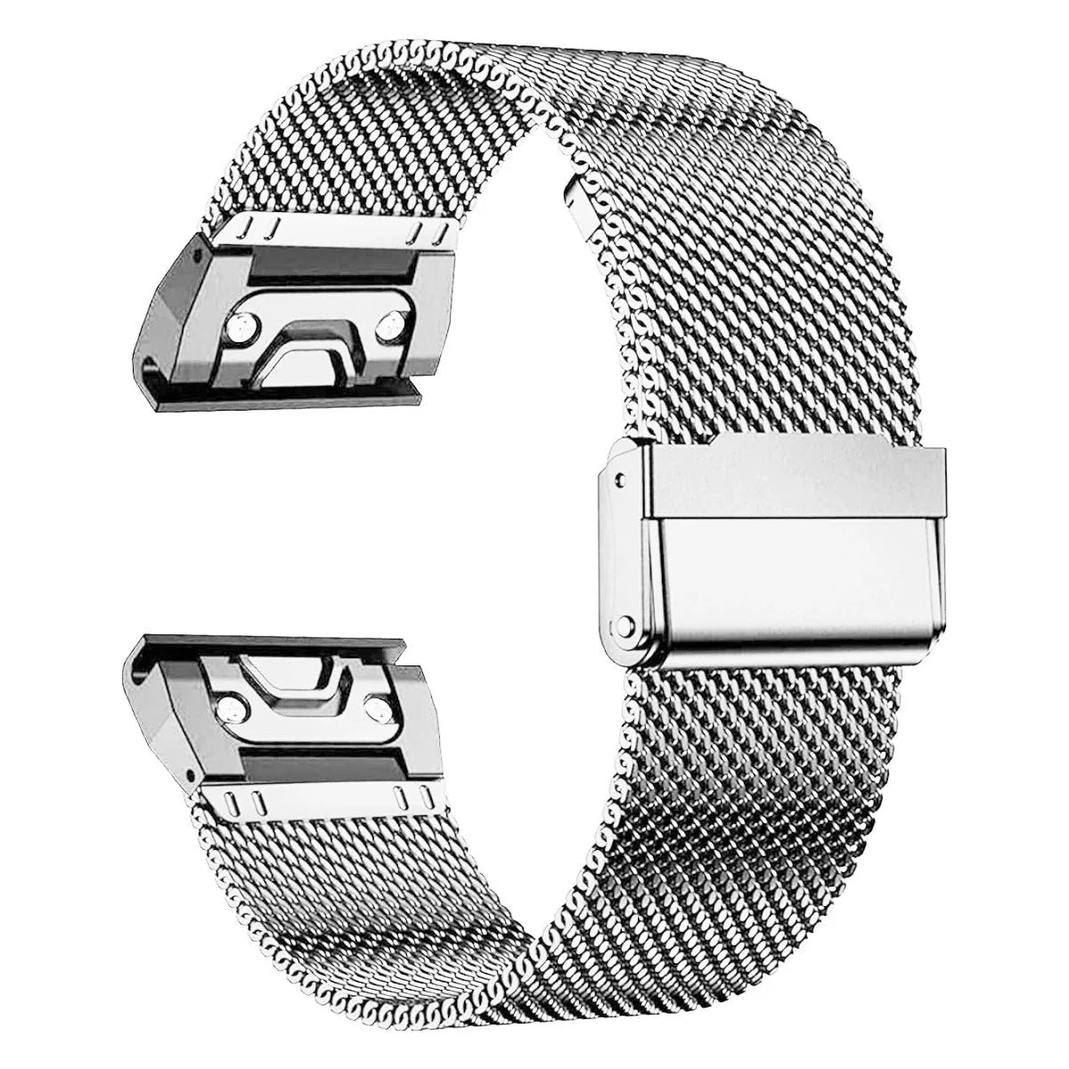 Stainless steel smartwatch strap for Garmin Fenix models in silver, black, gold, and rose gold colours