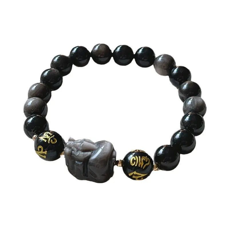 Silverstone beaded bracelet for men with engraved Six Words Proverbs, Chinese style design.