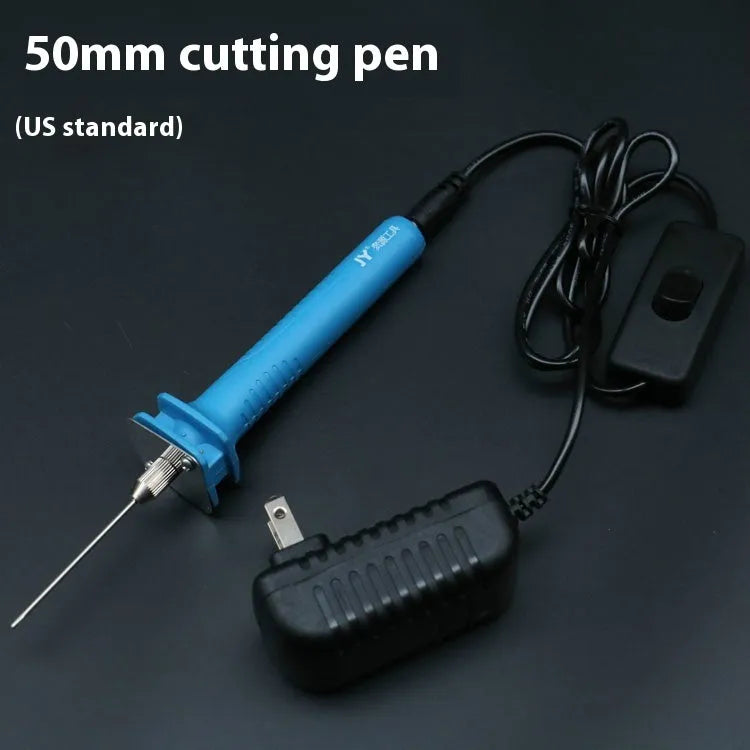 Blue plastic-handled electric heating cutter pen with adapter for cutting foam and polystyrene.