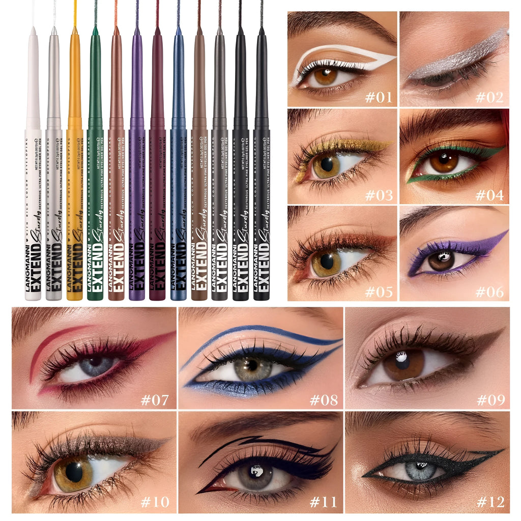 Set of 12 colourful gel glitter eyeliner pencils arranged showing metallic, matte, and glitter finishes.