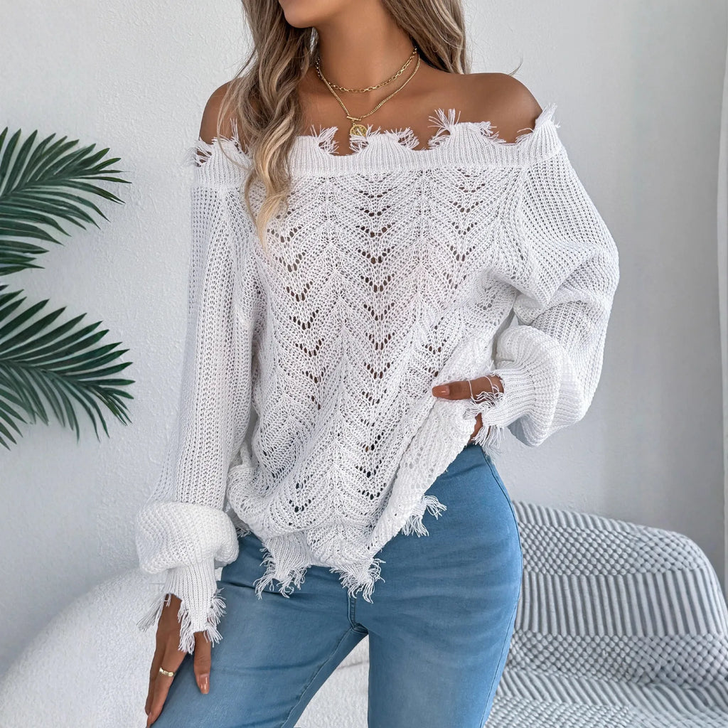 Hollow-out cut-off-the-shoulder pullover sweater in artificial wool acrylic fibre, available in white, orange, and black colours