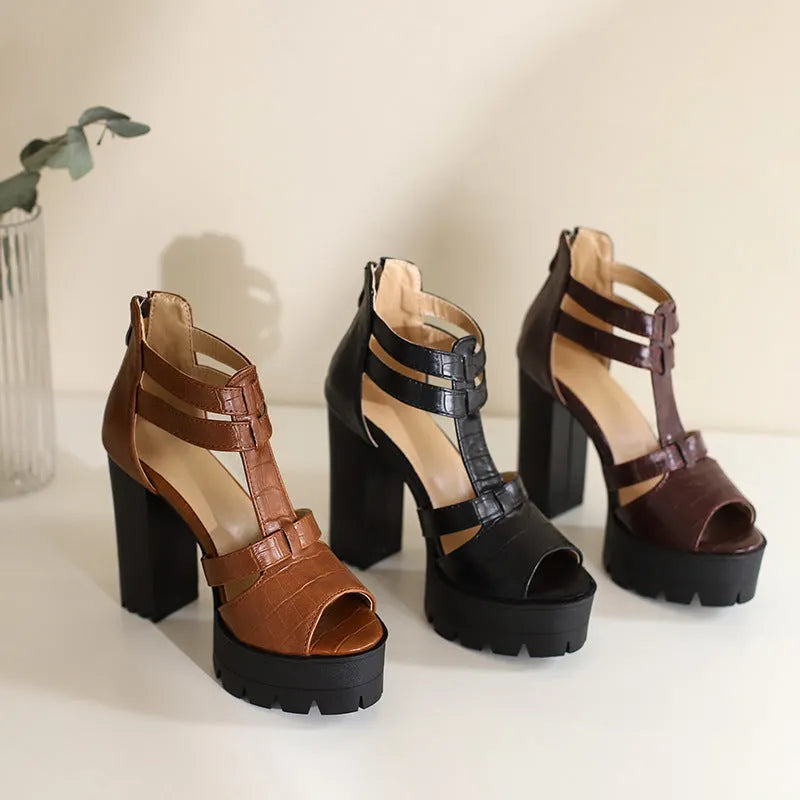 Round toe platform high heel sandals in black, wine red, and yellow with a back zipper.