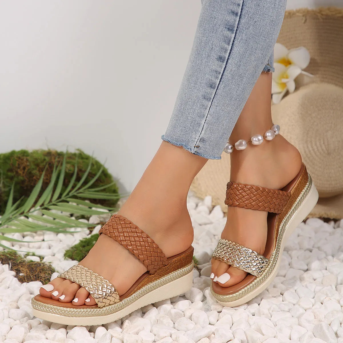 Women's gold wedge sandals with adjustable back strap and rubber sole for plus size feet