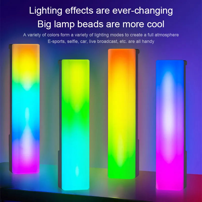 3D RGB tabletop lamp with voice-activated rhythm lighting in black or white shell, 5.2x4.5x24.5cm dimensions