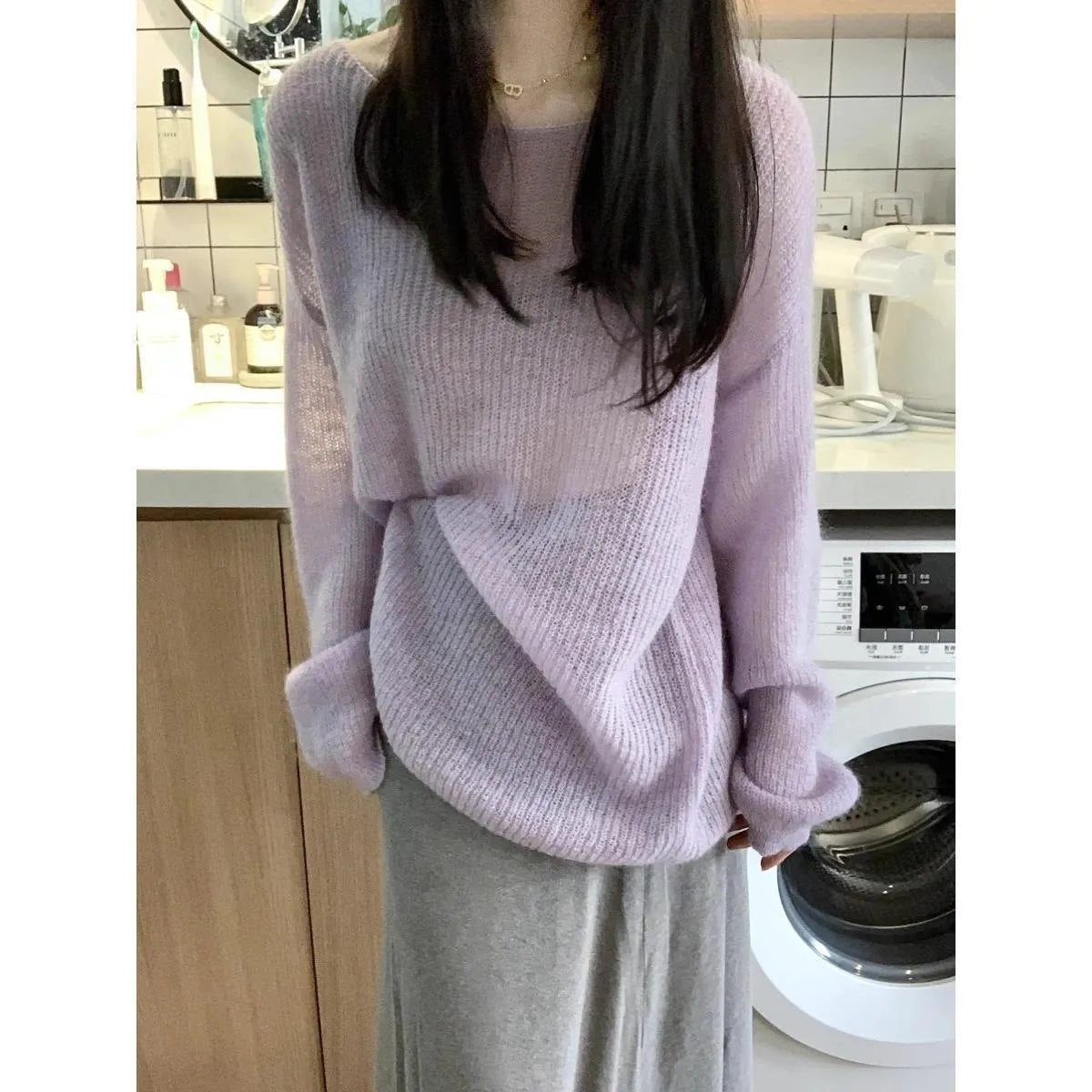 Purple women's blouse with hollow out design and princess sleeves, made from lightweight Ice Silk.