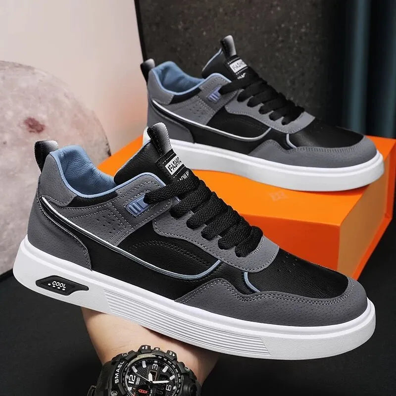 Men's low-top canvas board shoes in black with mesh lining and leather stitching detail