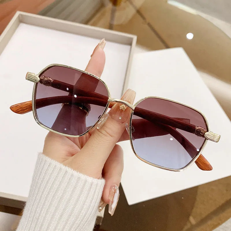 Women's frameless glasses with gold alloy wood grain frame and coloured lenses