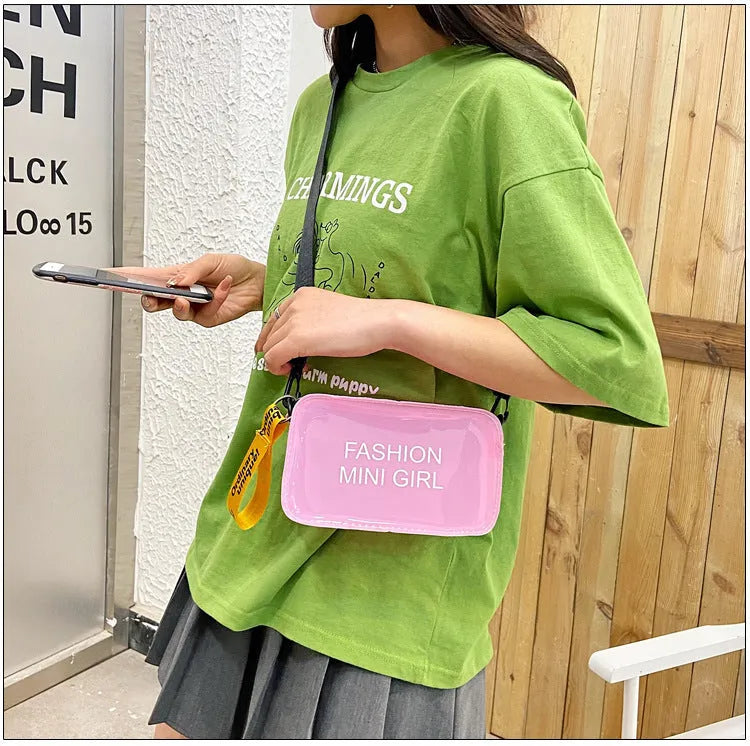Transparent square jelly shoulder bag with adjustable strap in multiple colour options