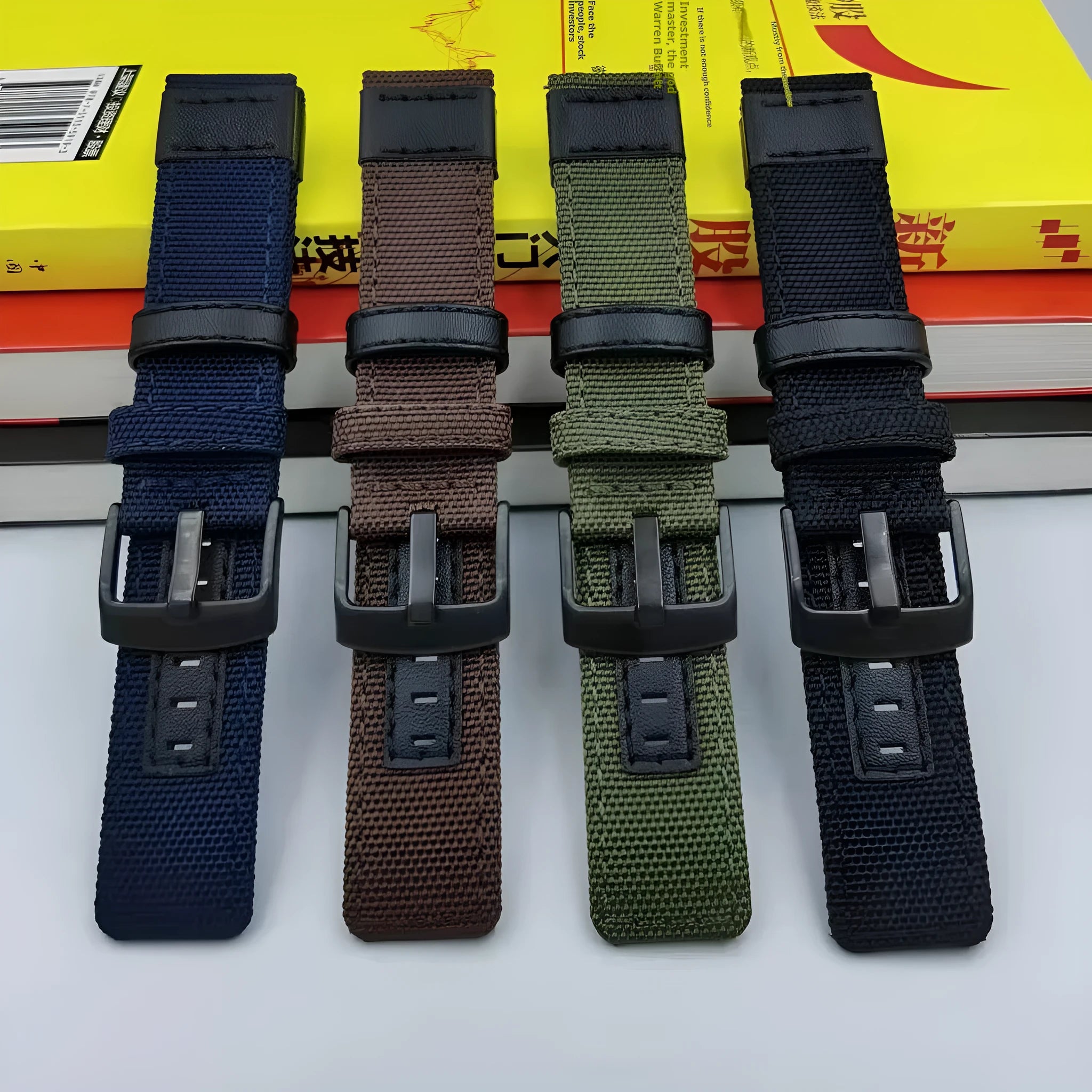 Oxford cloth watch strap shown in multiple colours including camouflage, army green, and black, with size options for 20mm, 22mm, and 24mm widths.