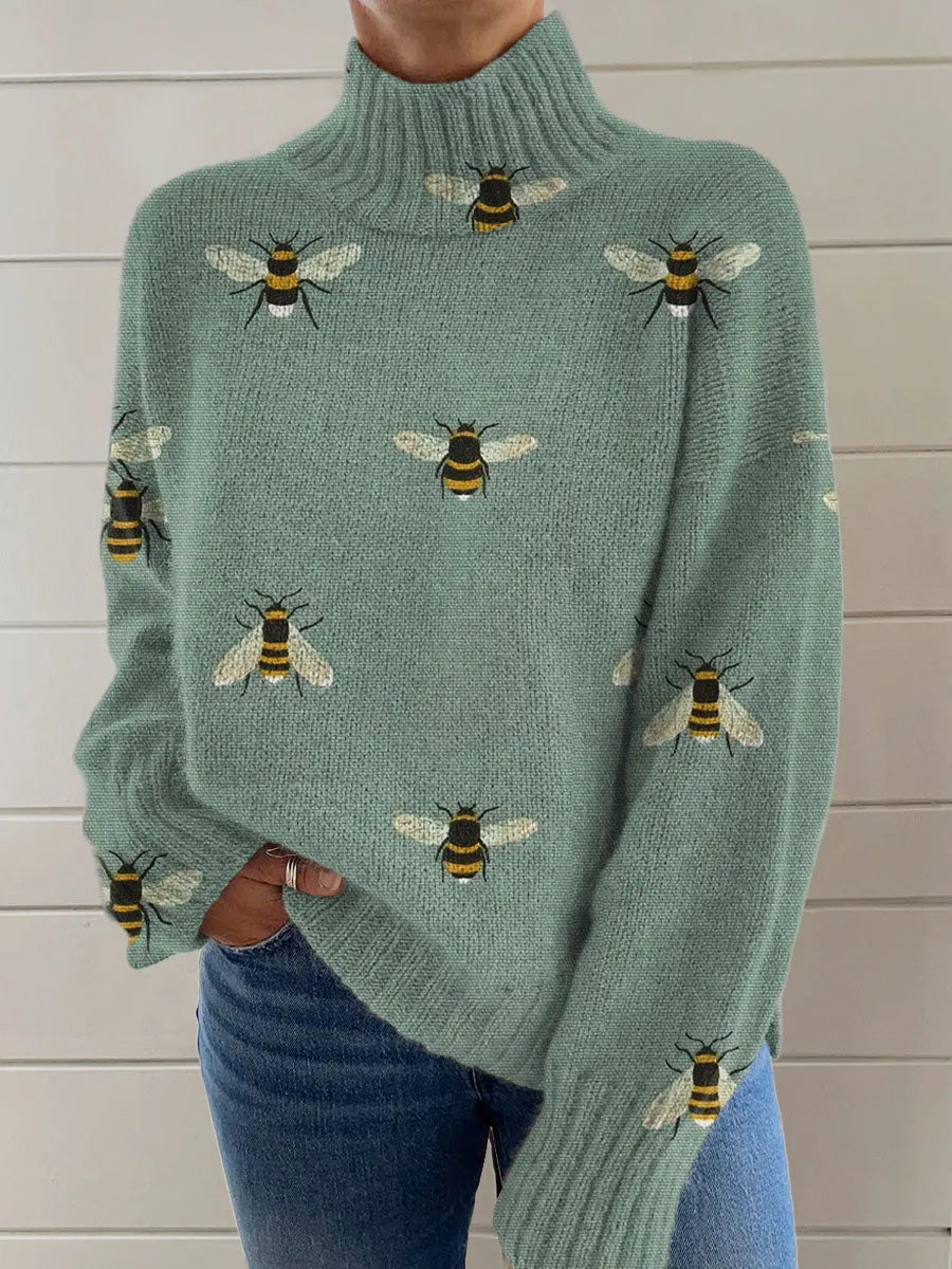 Women's Christmas printed turtleneck sweater with painting pattern in macaron colours, loose casual style