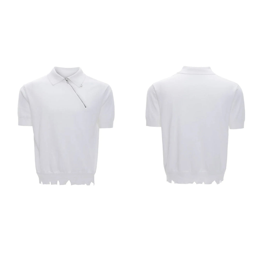 Men's black slim-fit knitted polo shirt with short sleeves and a diagonal oblique zipper