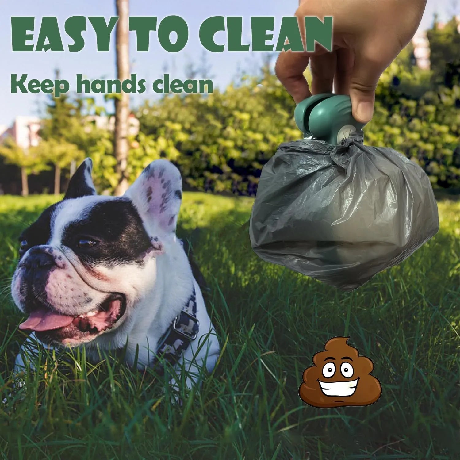 Handheld portable pooper scooper with expandable container and clip for dog waste collection in blue green grey or yellow