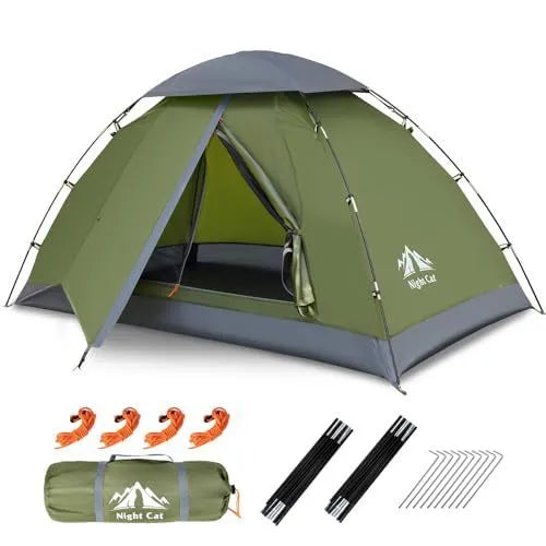 Dark green instant pop up family camping tent for two people, shown pitched.