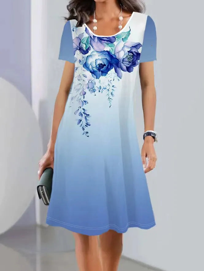 Mid-length A-line summer dress with botanical prints on polyester ice silk fabric with short sleeves and round neckline
