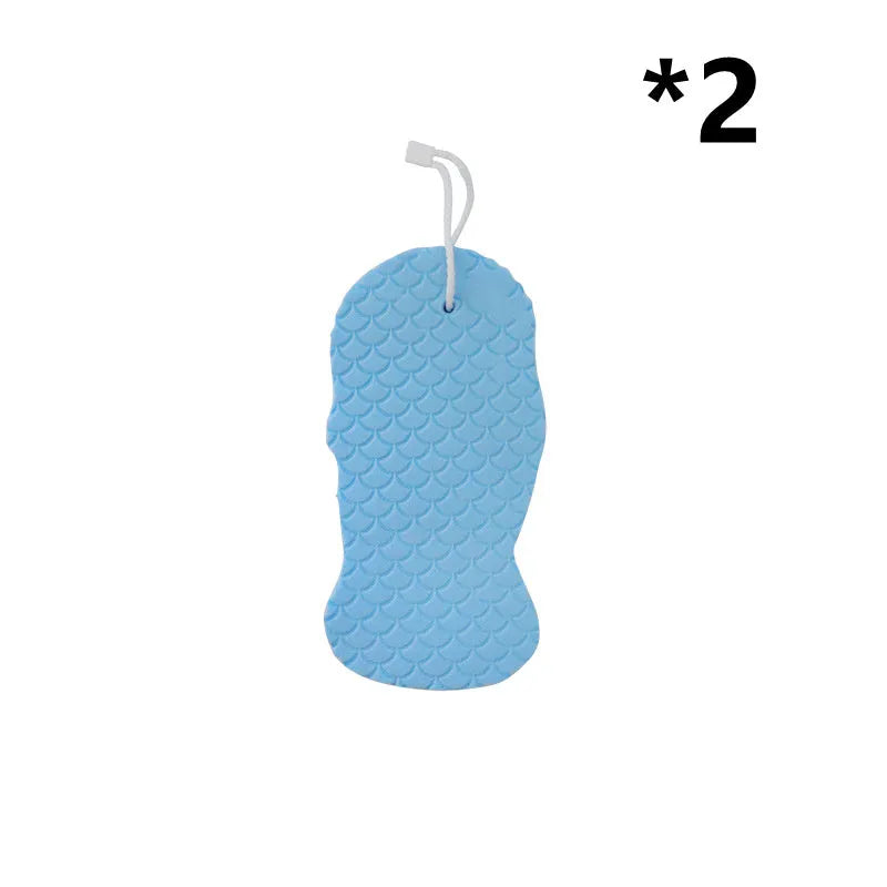 3D bath sponge ball with fish scale texture in white, grey, pink, and light blue colours