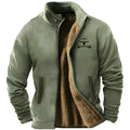 Men's polyester padded coat in regular length on a hanger, available in blue, green and light brown.