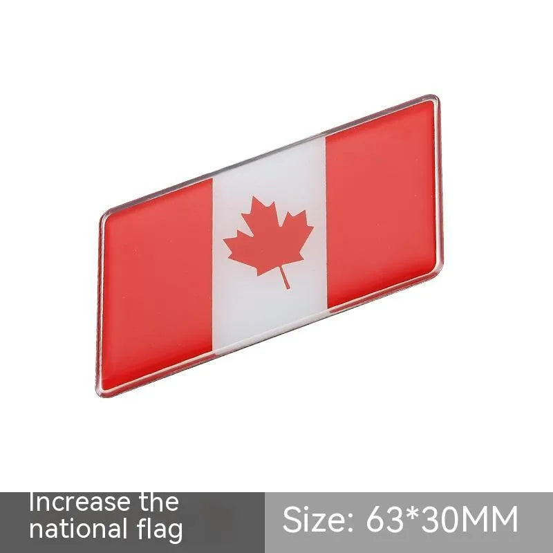Aluminium parallelogram car sticker with national flag design measuring 6.3 by 3 cm