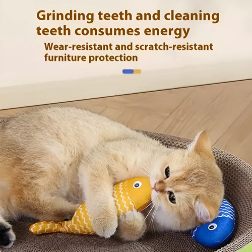 Soft red, blue, and yellow plush fish cat toys filled with catnip in large and medium sizes.