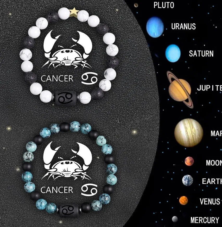 Natural stone beaded zodiac bracelet set showing twelve astrological signs