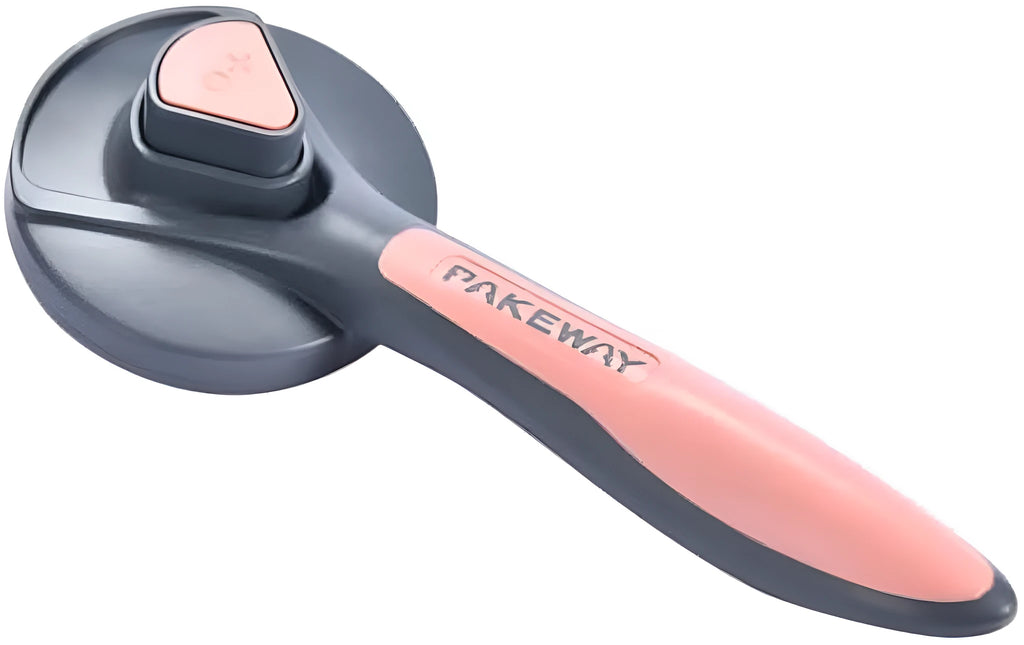 Grey green pink self-cleaning pet grooming brush with one-click button and comfort-grip handle
