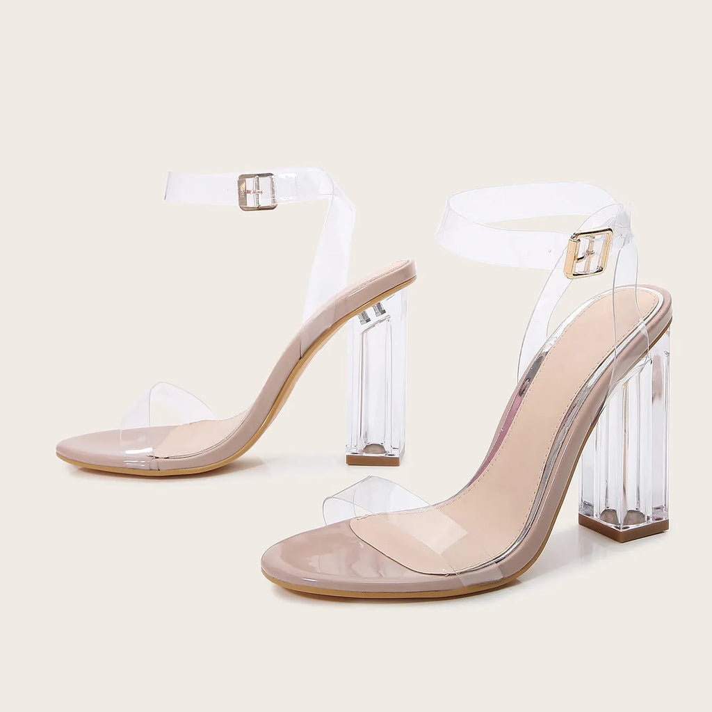Apricot women's high heel sandals with glass-effect heel and round toe, featuring a buckle fastening.
