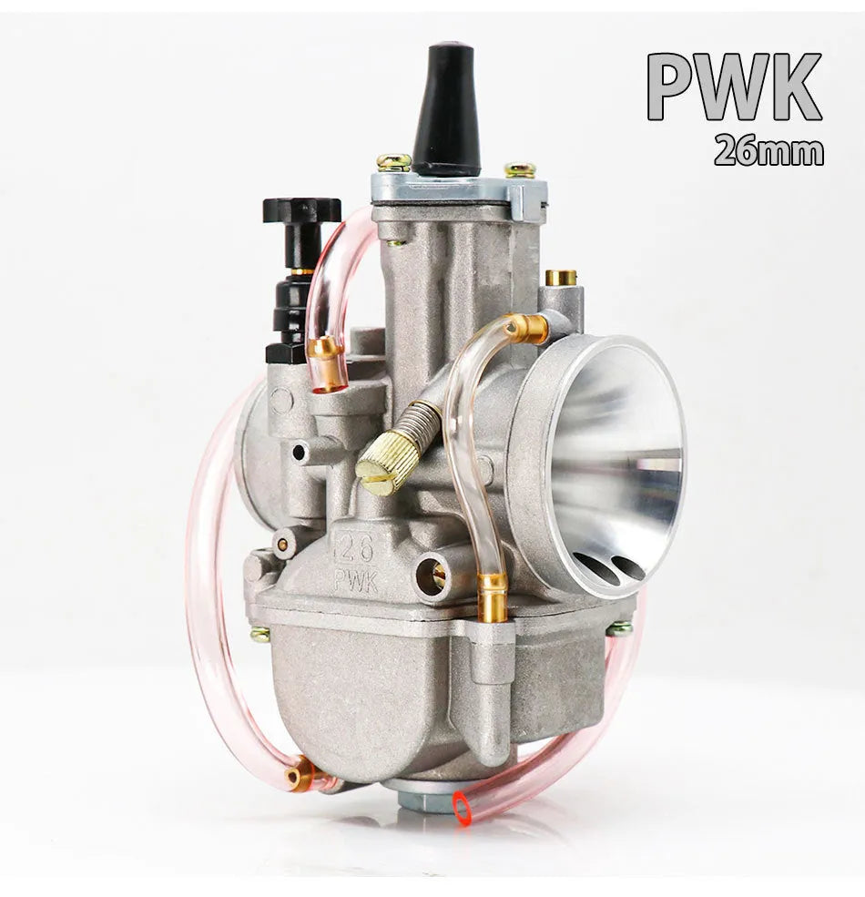 Sandblasted PWK motorcycle carburetor kit with size options from 21mm to 34mm bore.