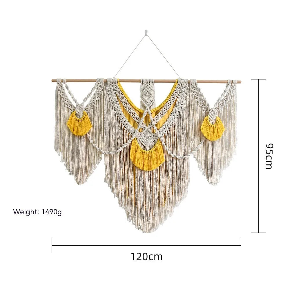 Nordic style hand-woven cotton tapestry wall hanging with creamy white and yellow threads