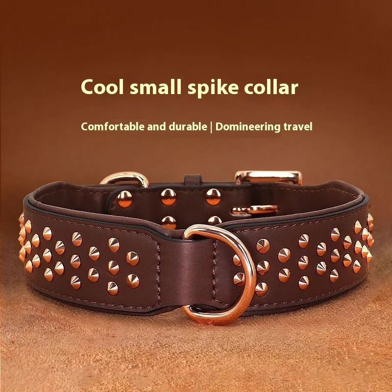 Leather dog collar with flat metal rivets in black, chocolate or pink for bite protection