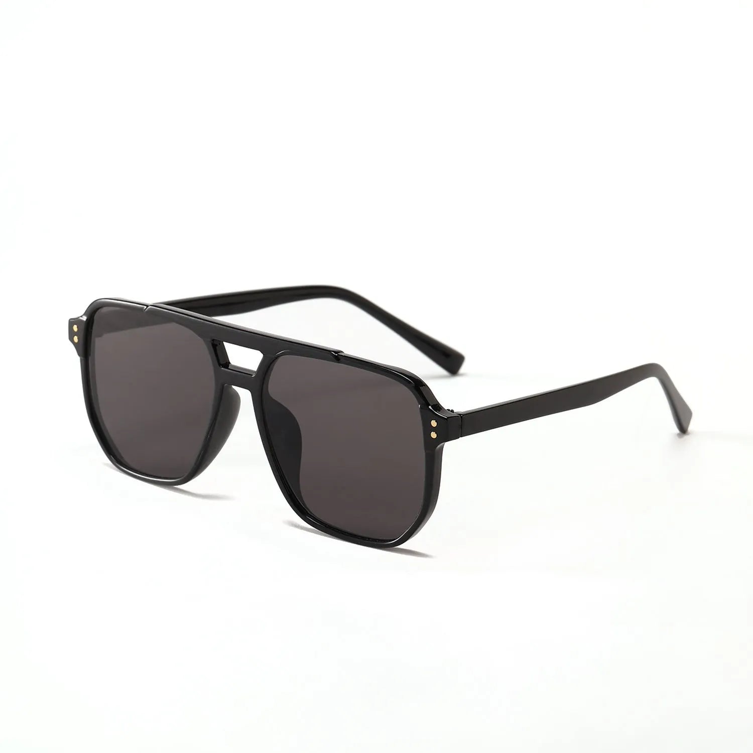 Square double beam full frame sunglasses for women in black frame with pink lenses.