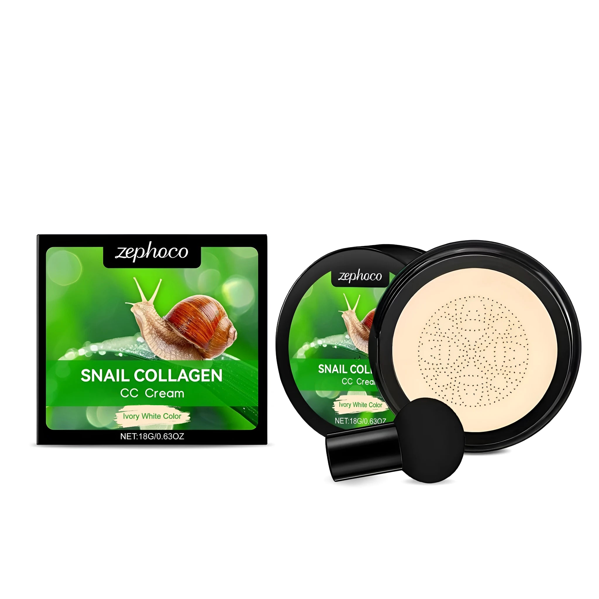 Moisturising CC cream with mushroom powder puff in ivory white and natural colour options