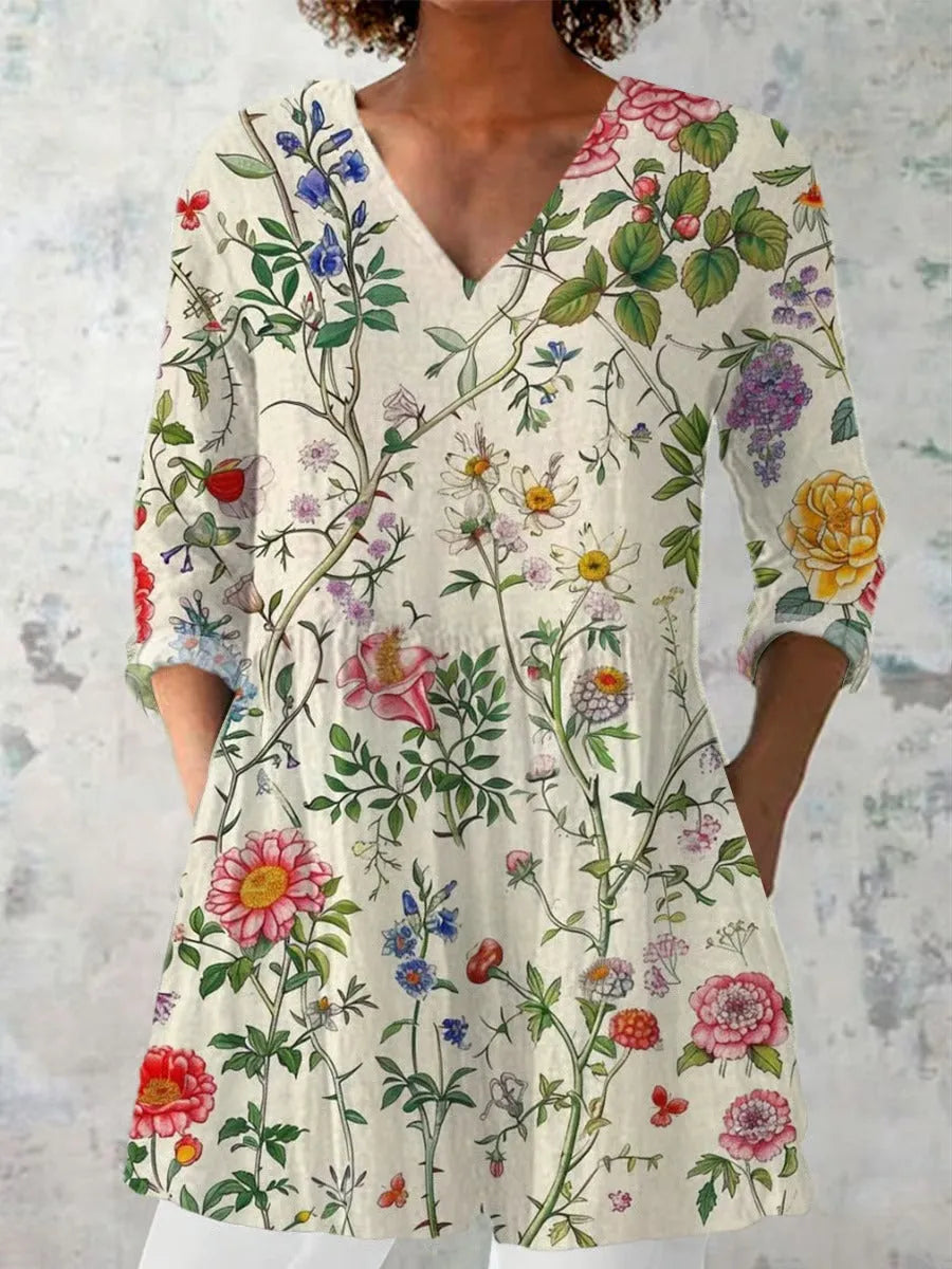 Women's retro slim fit long-sleeved top with digital printing, available in multiple colours.