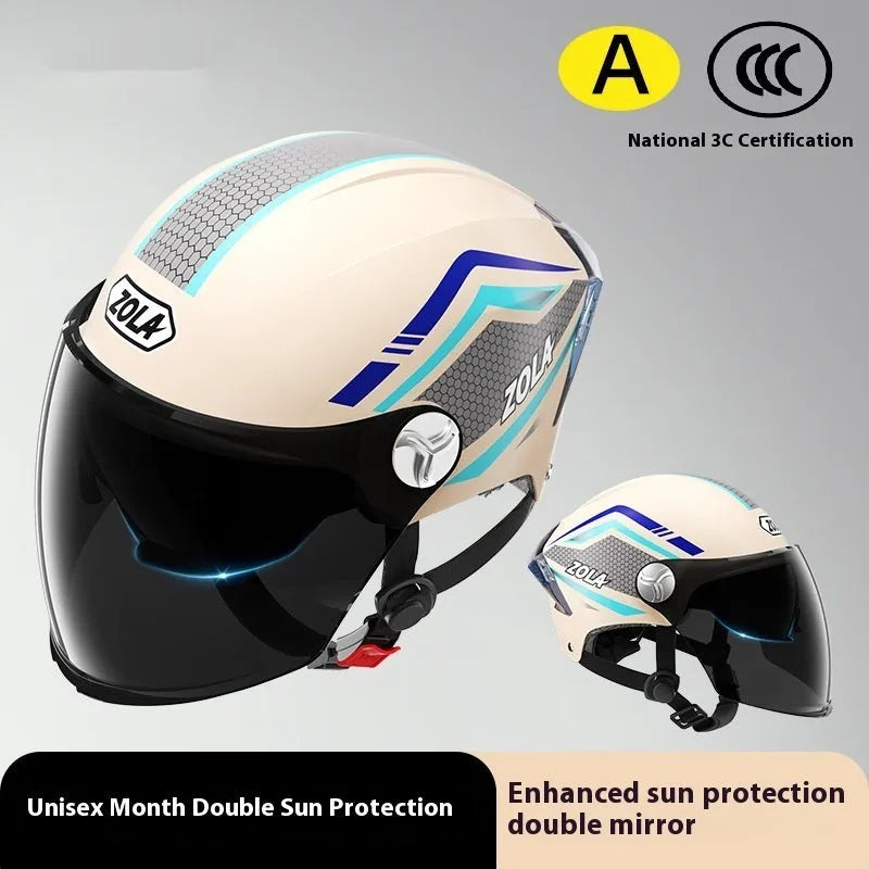 Children's motorcycle half helmet with double mirror visor in light brown colour variant