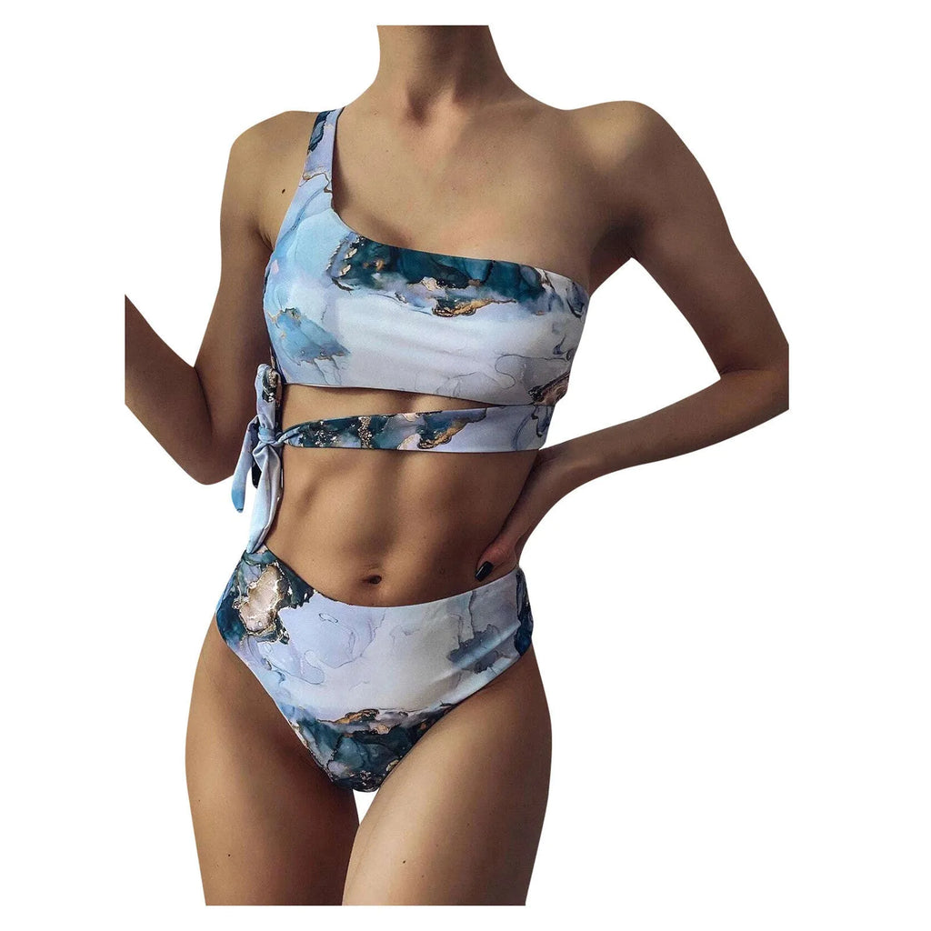 Women's marble tie-dye bikini set with U-neck top and high-waist briefs in blue colour variation