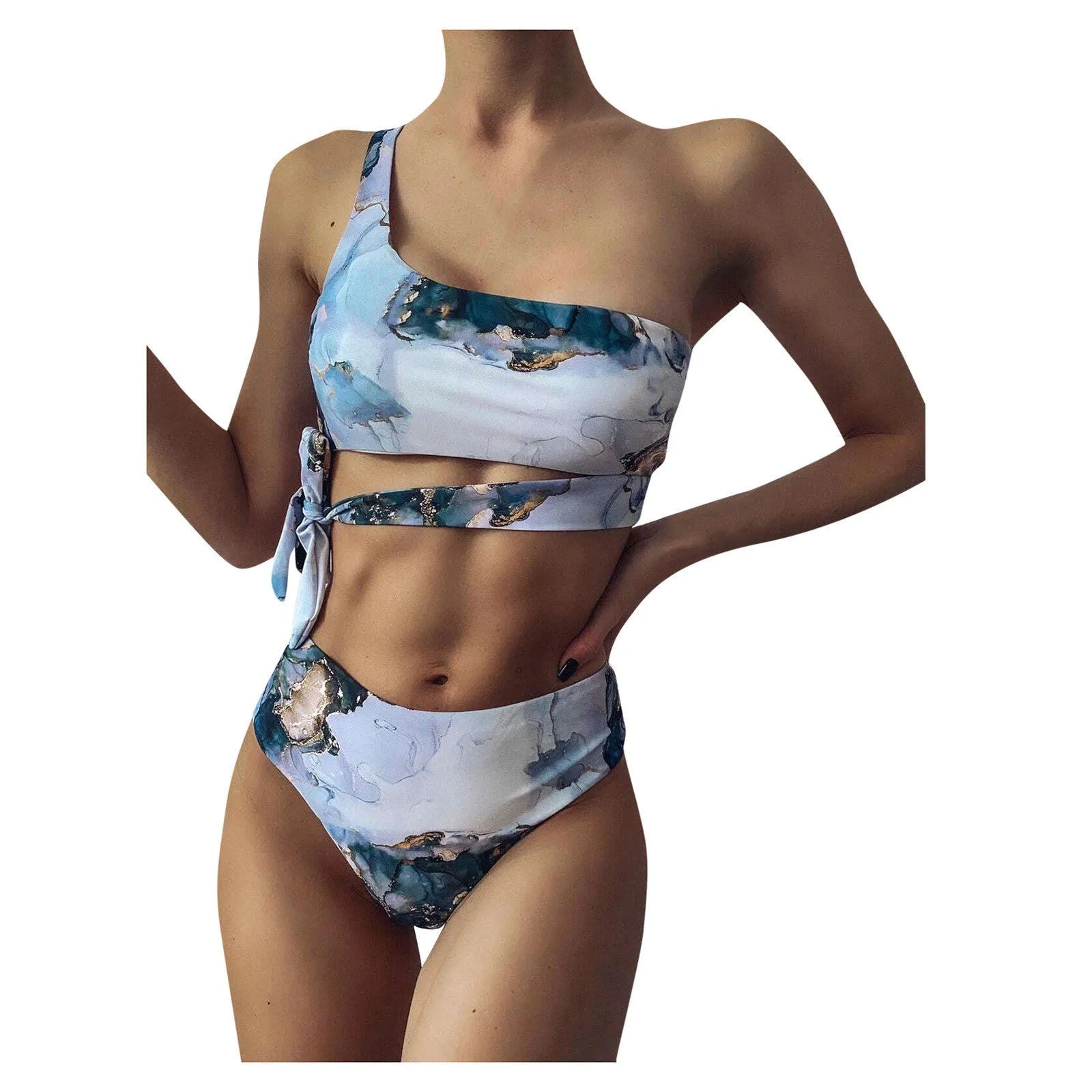 Women's marble tie-dye bikini set with U-neck top and high-waist briefs in blue colour variation