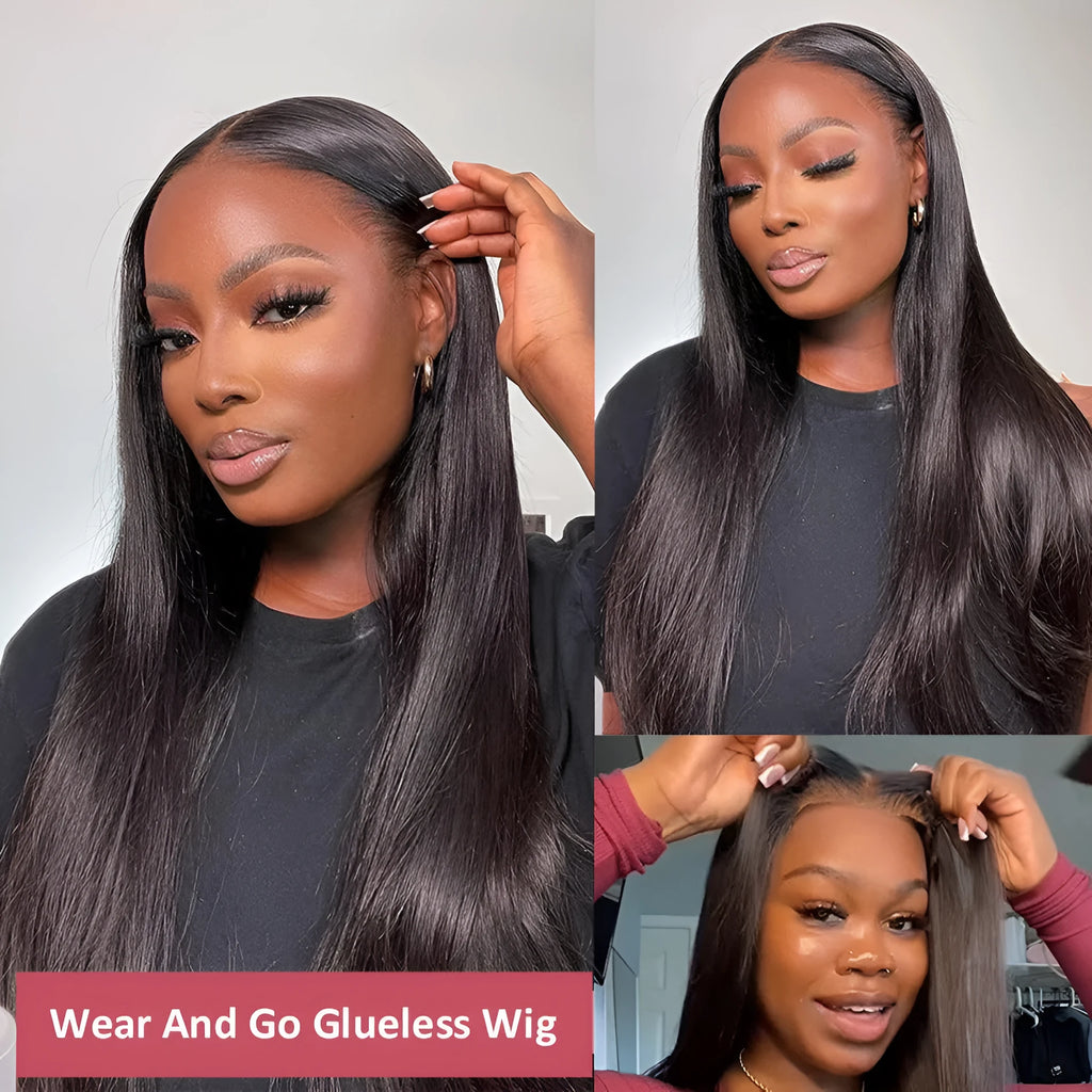 Glueless human hair straight wig with side bangs shown in long length.