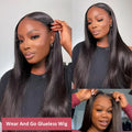 Glueless human hair straight wig with side bangs shown in long length.