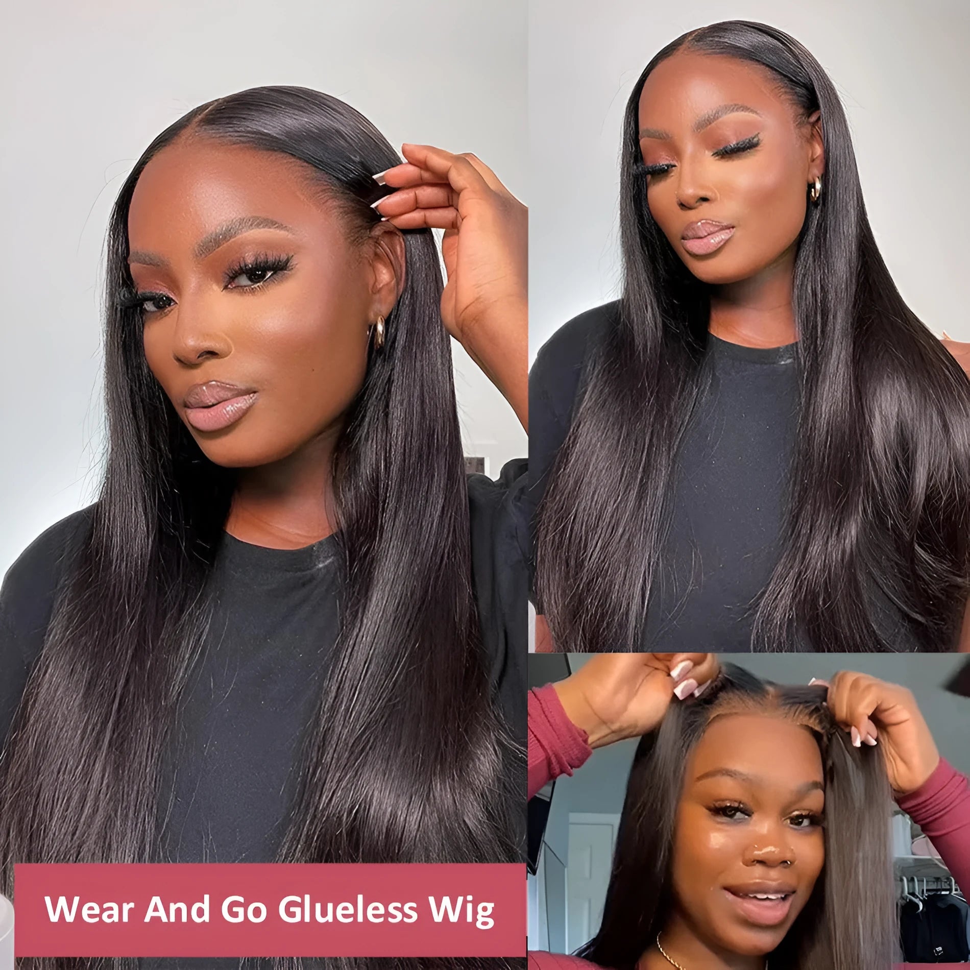 Glueless human hair straight wig with side bangs shown in long length.