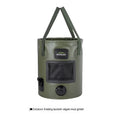 Yellow folding plastic fishing bucket shown open and collapsed, 25 litre capacity.