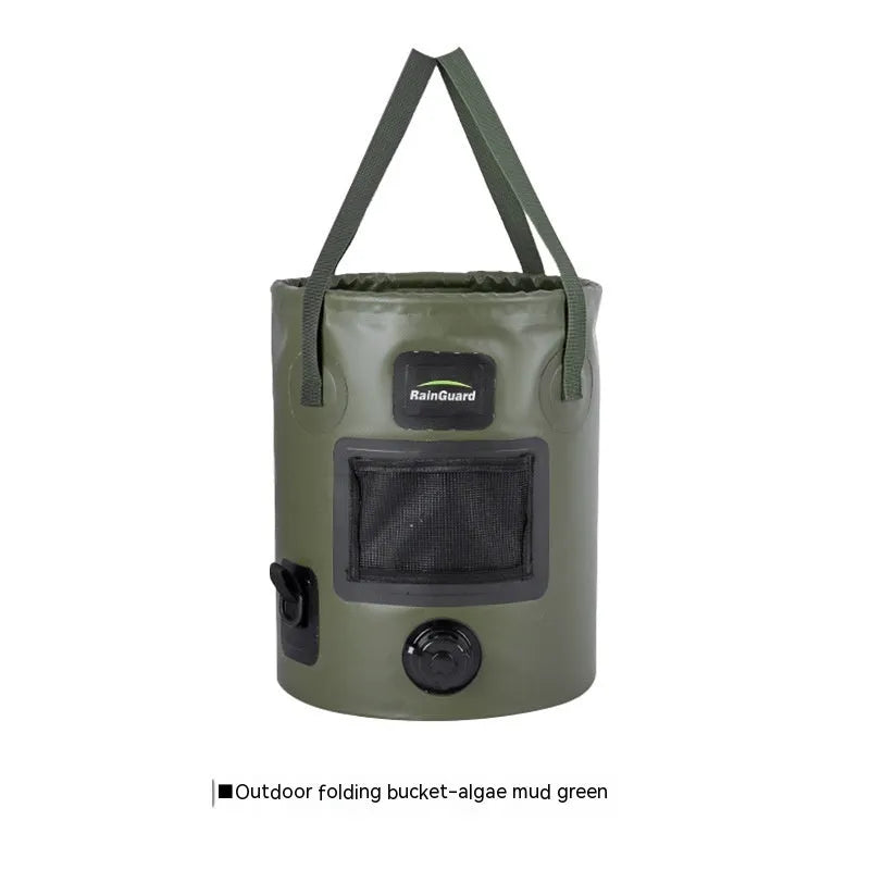 Yellow folding plastic fishing bucket shown open and collapsed, 25 litre capacity.