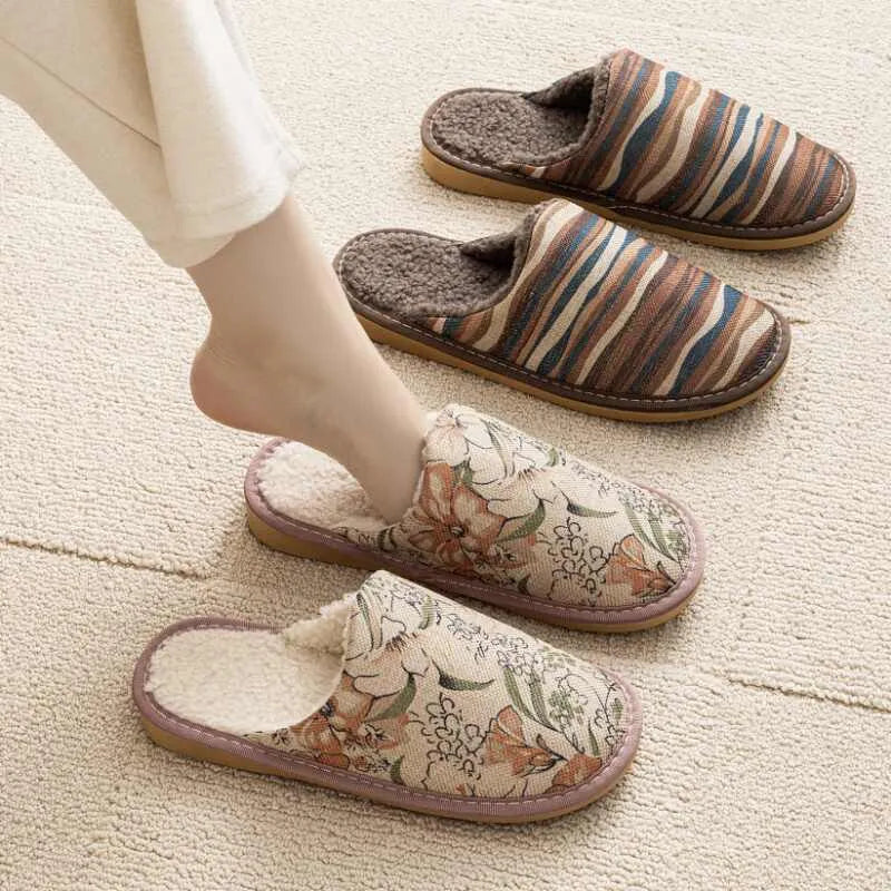 Household cotton slippers with floral patterns and PVC soles in various colours and sizes