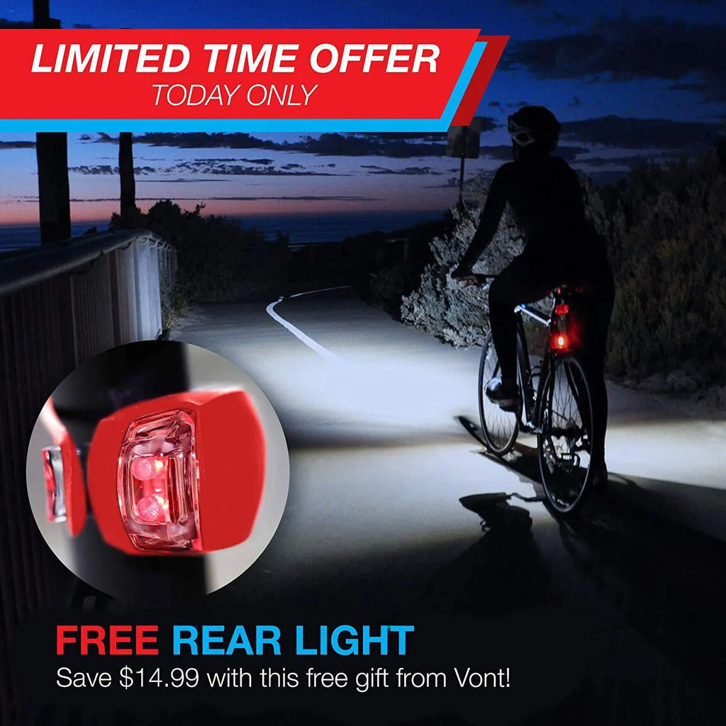 Bicycle safety light set showing front flashlight with mounting bracket and separate red taillight