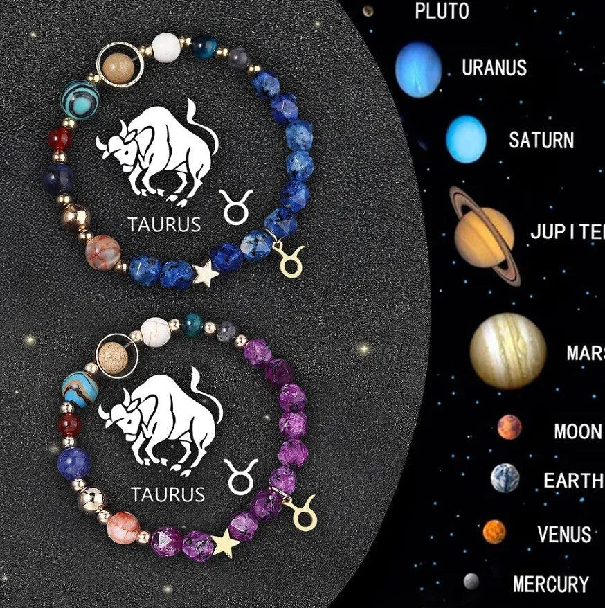 Set of two natural stone beaded bracelets with metal zodiac charms on a dark background.