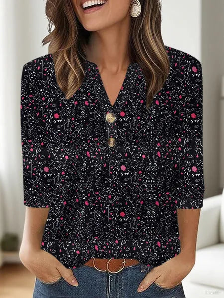 Women's casual V-neck top with 3D pattern in loose fit Japanese style