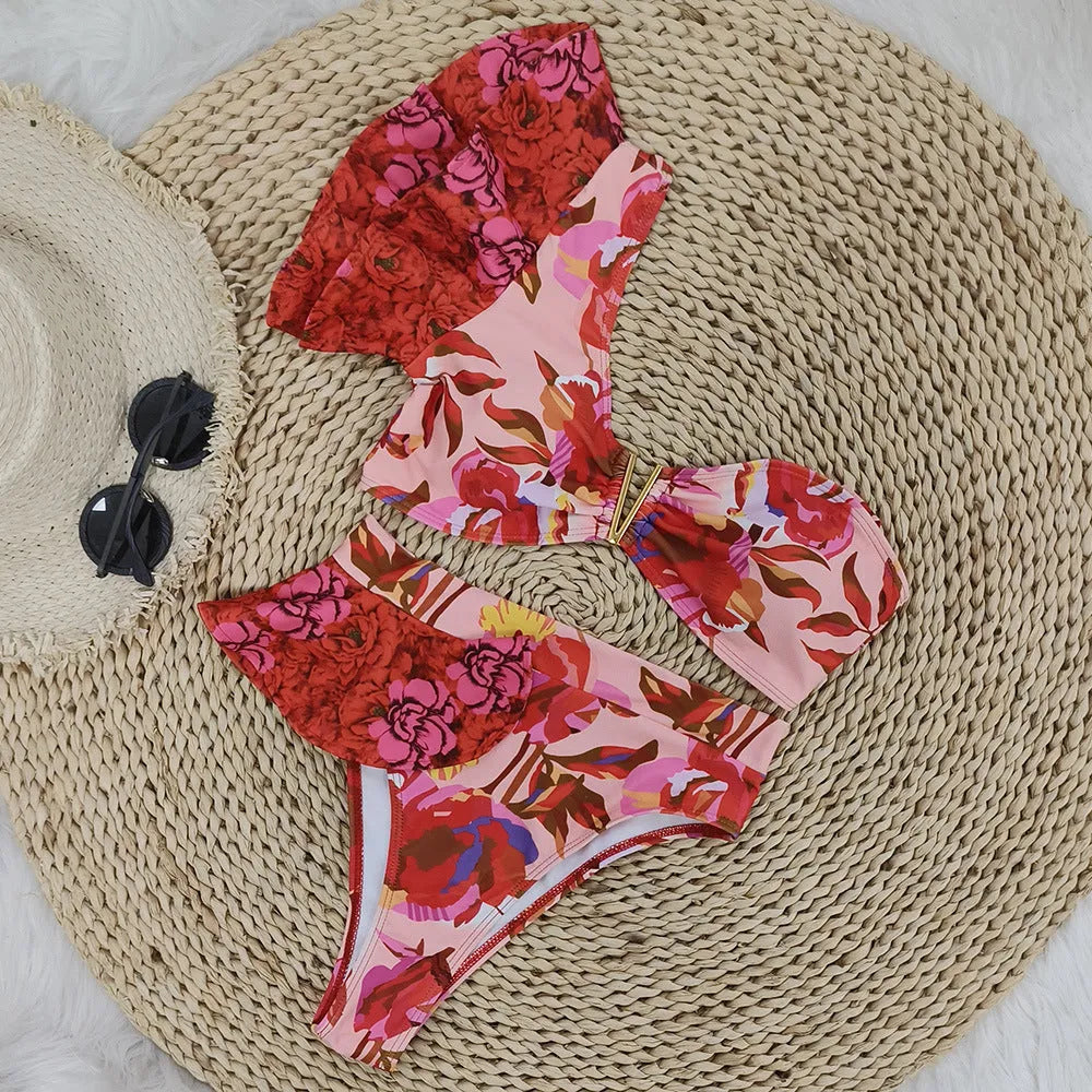 Women's pink floral one-shoulder ruffled high-waist bikini for swimming