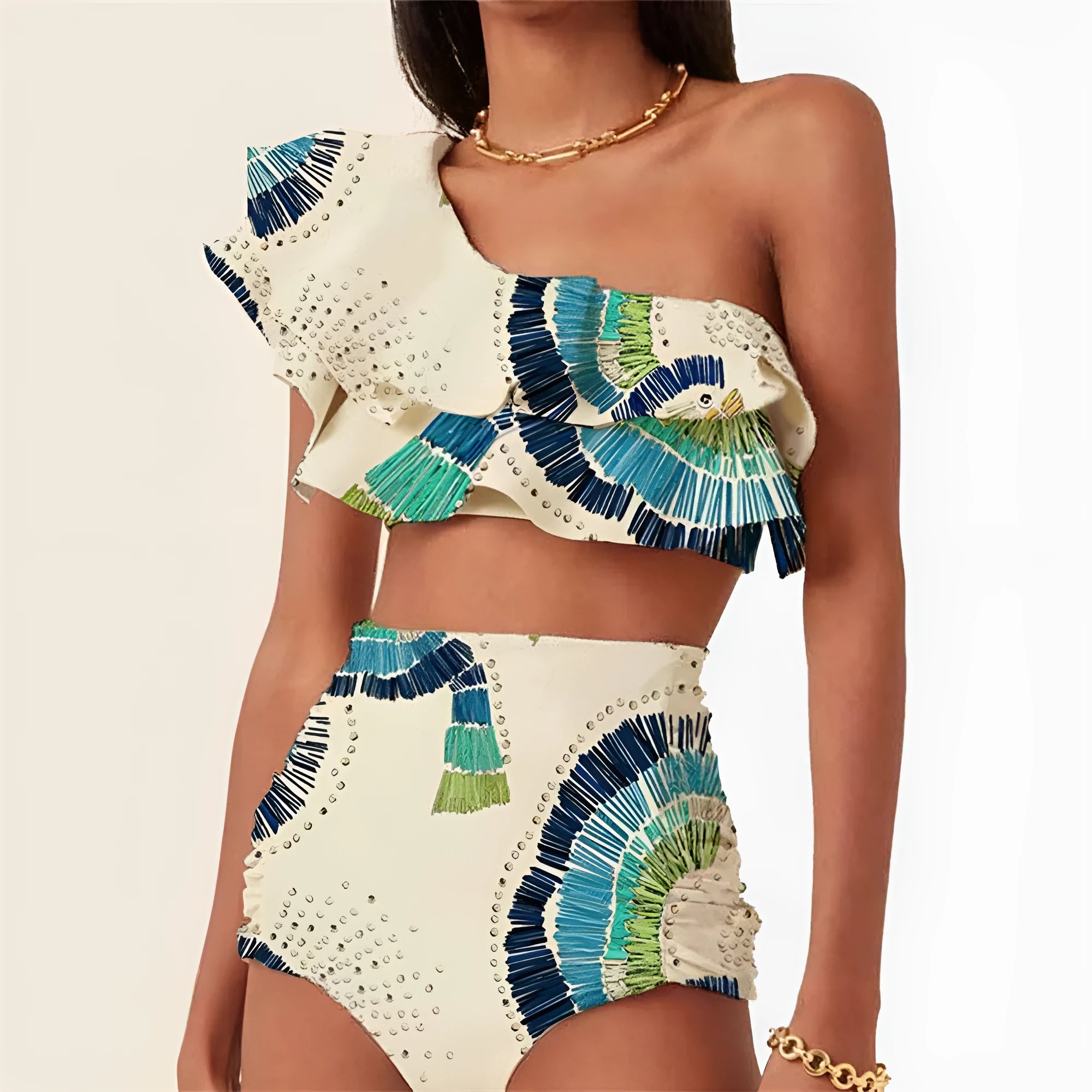 White women's one-shoulder swimsuit with a cascading lotus leaf ruffle and high-leg split.