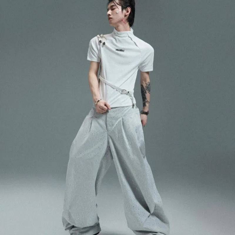 Men's black slim fit short sleeve t-shirt with a stand-up collar and metal belt design detail.