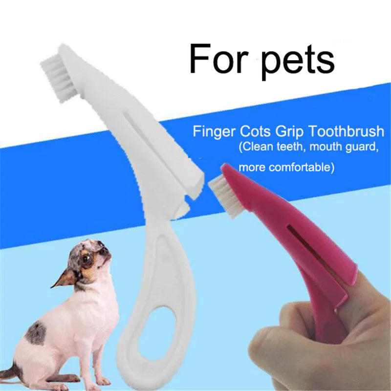 Red and white pet finger toothbrush with soft silicone bristles and a finger sleeve for cleaning dog or cat teeth.