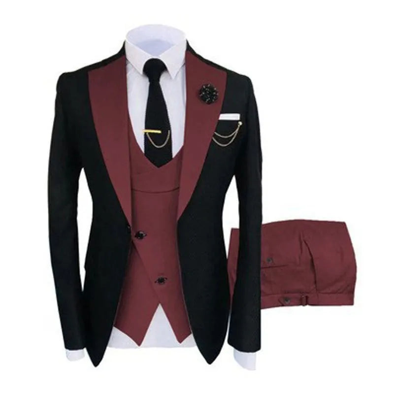 Men's black slim fit three-piece cotton suit with vest for weddings.